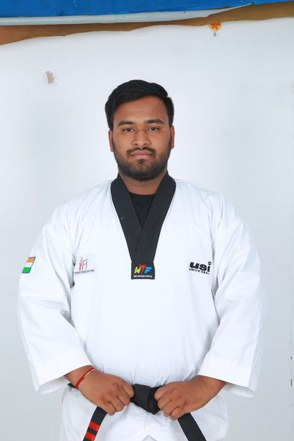 Boddupally Venkat Sai Kumar, Head Coach at Ganghan Taekwondo Academy, in black belt and dobok