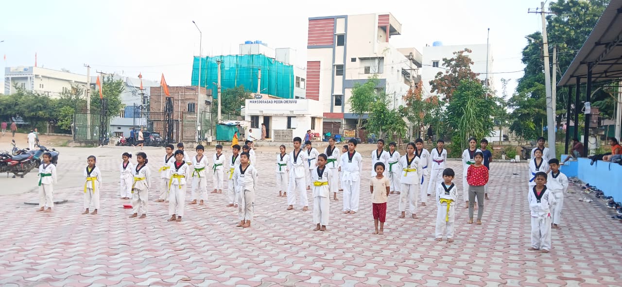 Children training at Ganghan Taekwondo classes on the Pedda Cheruvu ground in Mansoorabad, L.B. Nagar, Hyderabad